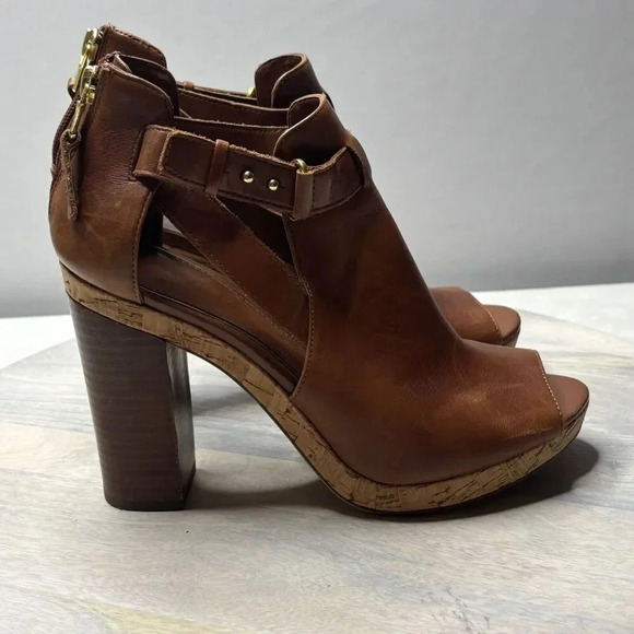 RALPH LAUREN Cognac Leather Open Toe Back Logo Zip FIANA Booties Size 8B - Picture 6 of 9